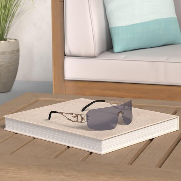 Rimless Y2K Rectangle Black Sunglasses for Women and Men Vintage Retro Eyewear - Picture 2 of 7